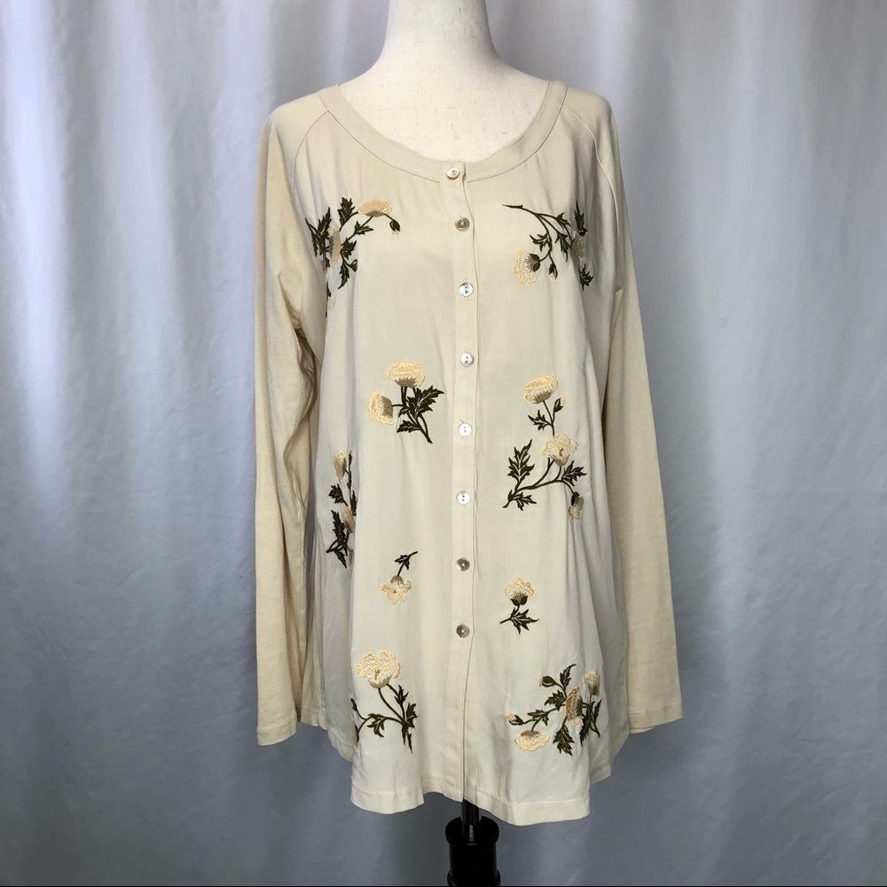 J. Jill cream embroidered button down blouse woven front jersey back & sleeves M